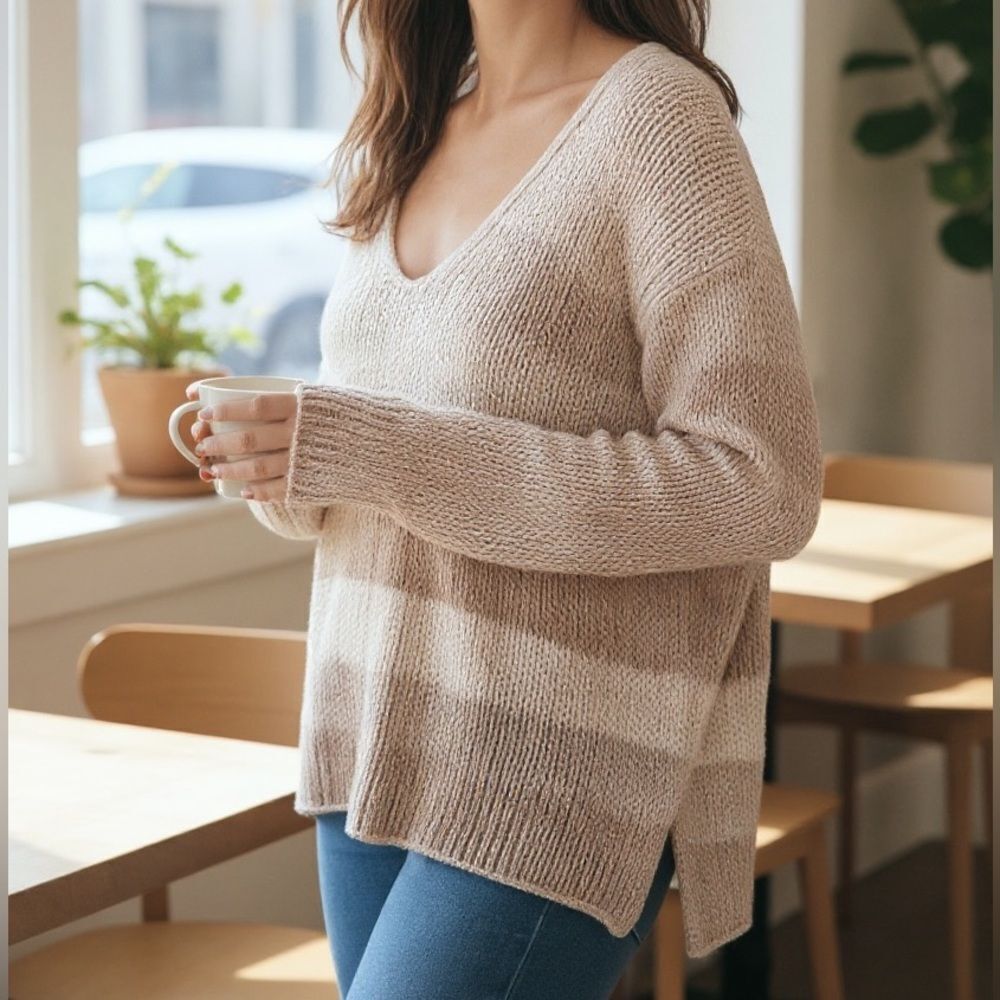 Wooden Ships Chunky V Cotton Sweater Stripes M/L